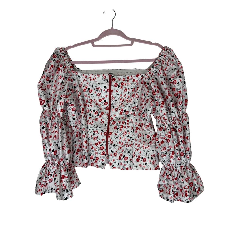 By Lomey Kollection White Red Black Floral Front Zip Cottagecore Crop Top Size M